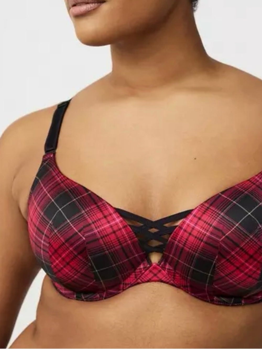 Plaid plunge Underwire Bra with push up padding, Red Plaid